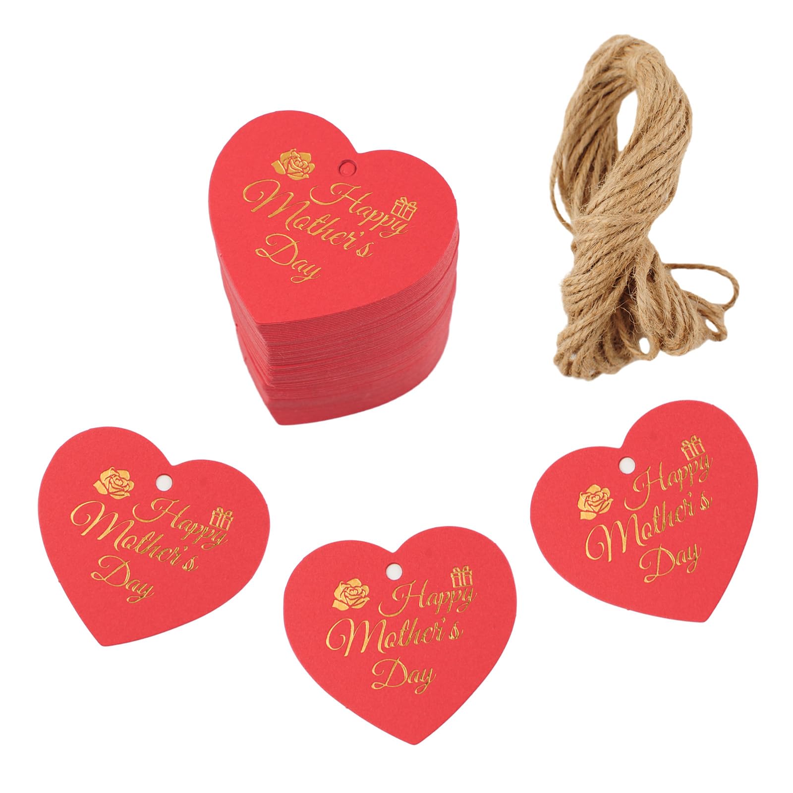 URROMA Mother's Day Red Heart Gift Tags, 100 Pcs Happy Mother's Day Labels Paper Hang Tags with String Festival Party
