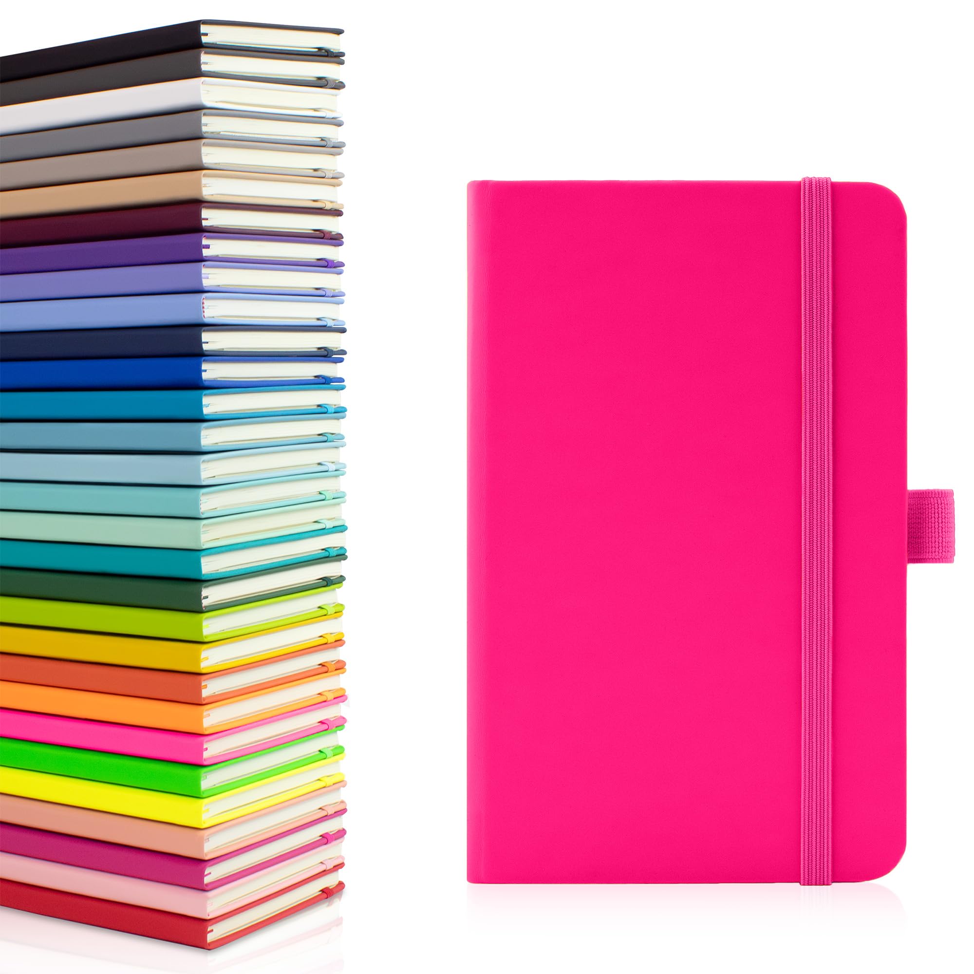 Notes London Eco A6 Notebook with Lined Pages, Pen Loop, Ribbon, Date Marks and Paper Pocket, Medium Hardback Journal, Note, fluorescent, sustainably sourced paper (Neon Pink)