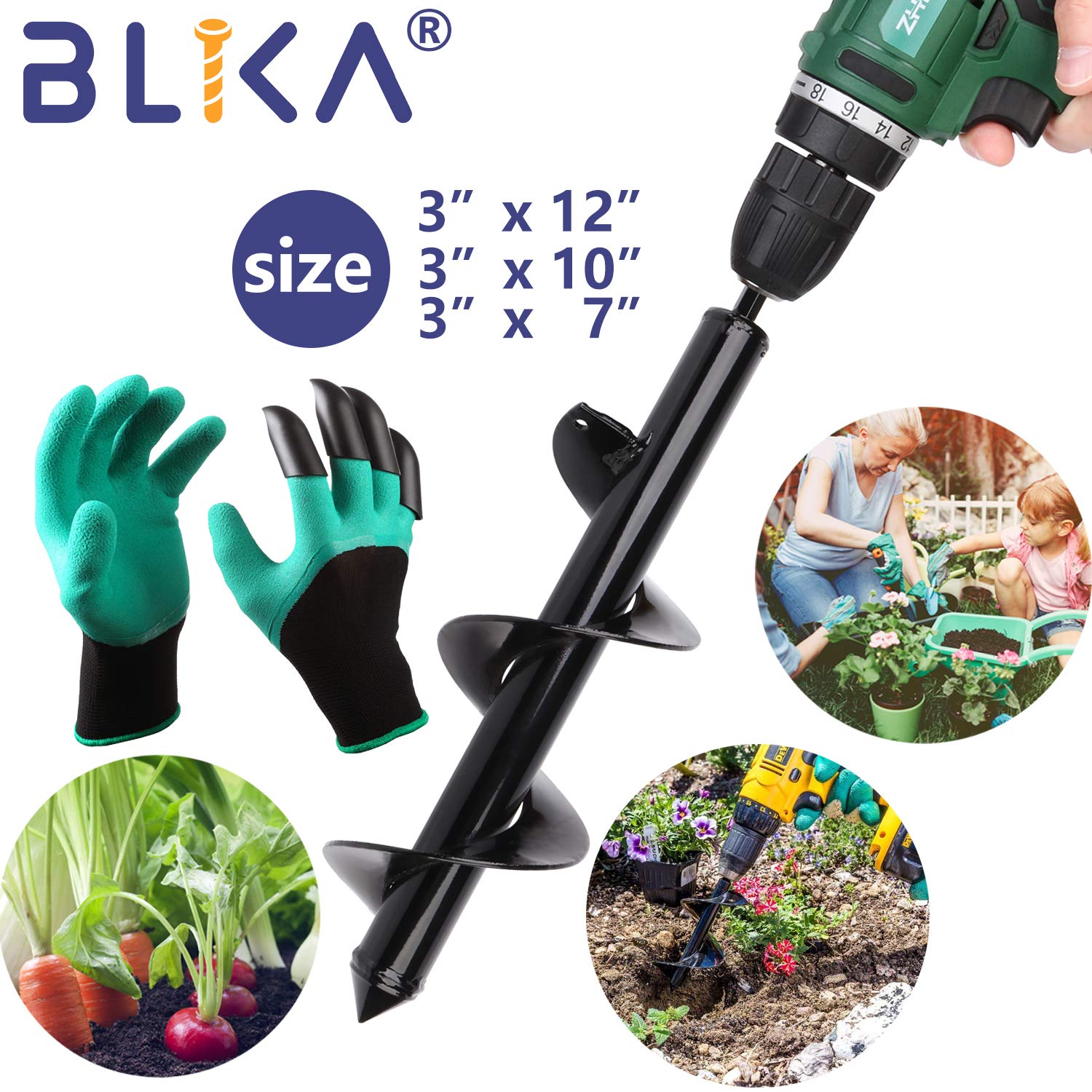 Blika Auger Drill Bit, Garden Plant Flower Bulb Auger 3" x 12" Rapid