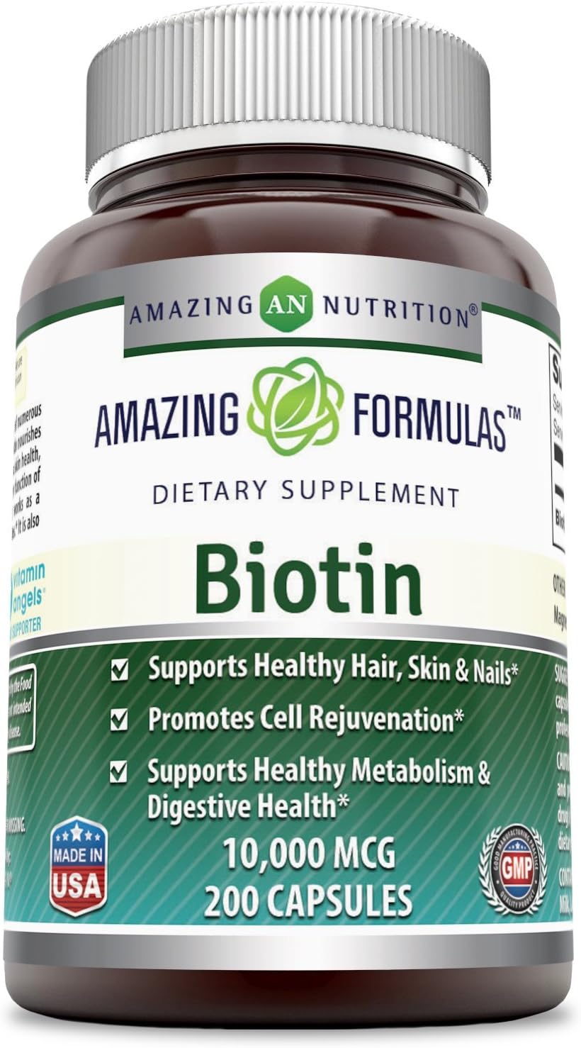 Amazing Formulas Biotin Supplement - 10,000mcg - 200 Capsules (Non-GMO, Gluten Free) Supports Healthy Hair, Skin & Nails - Promotes Cell Rejuvenation: Health & Personal Care