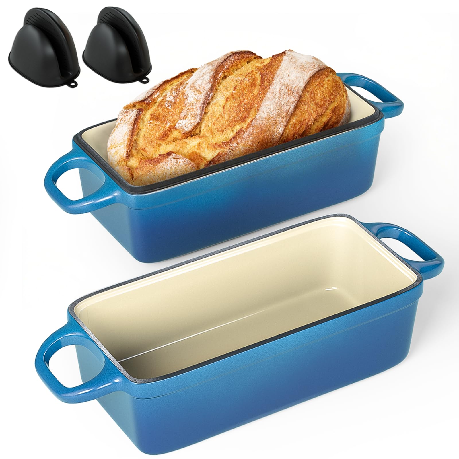 Photo 1 of 2 IN 1 Cast Iron Bread Loaf Pan with Lid, 3.4QT 9x5 Inch Dutch Oven for Bread Baking, Even Heating Bread Oven, Enameled Bread Pan for Homemade Sourdough Bread Baking & Versatile Cooking, Blue