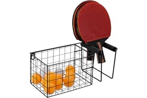 MyGift 12 Inch Wide Table Tennis Equipment Organizer Rack, Wall Mounted Metal Paddle Holder with Ping Pong Ball Storage 5 x 5 Inch Size Basket