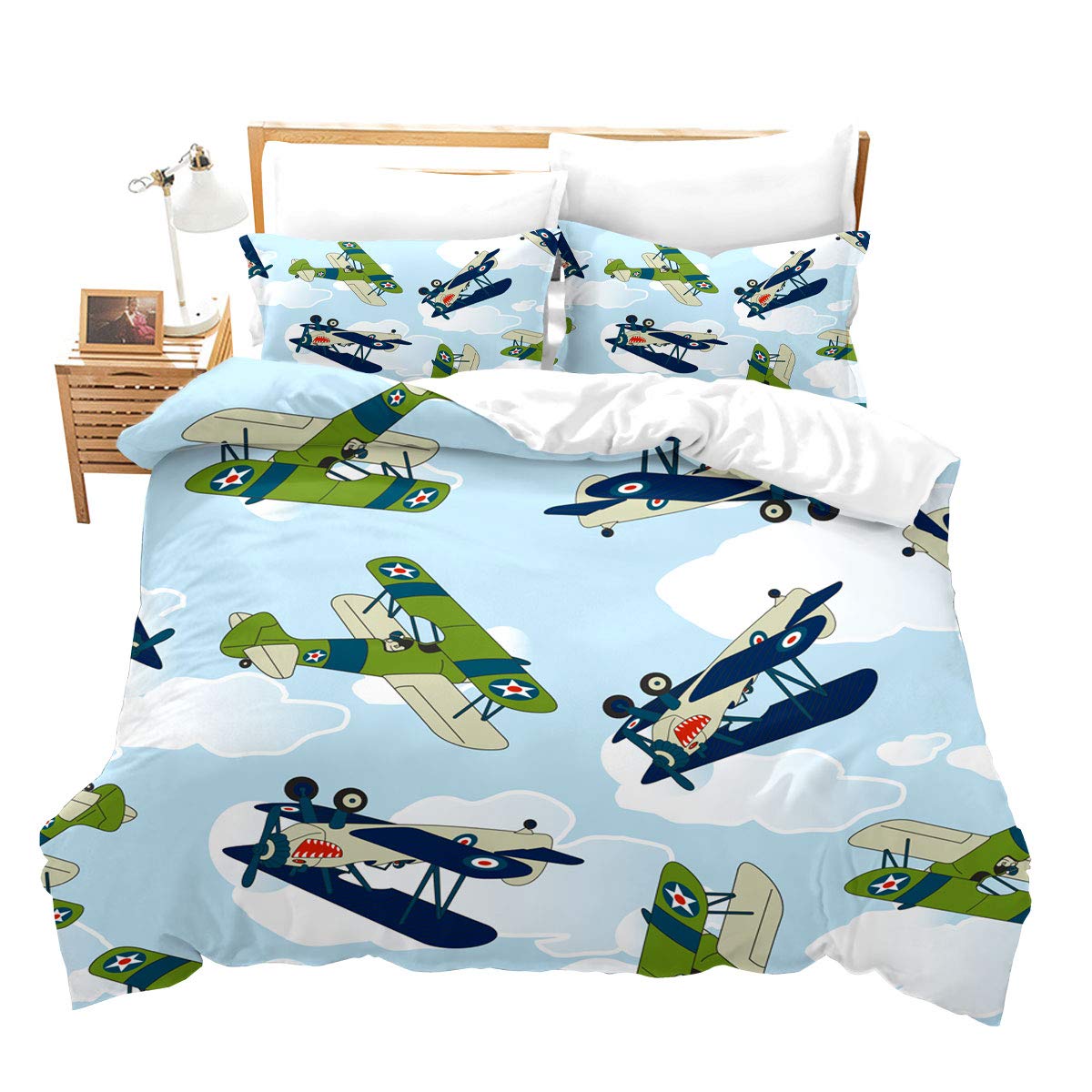 Cartoon Airplane Duvet Cover Single Flying Decor Bedding Set Panoramic Printed Teen Boys Kids Comforter Cover Aircraft Plane theme Comforter Set for Boys Girls Helicopter Decor Soft Bedding Set — image 1