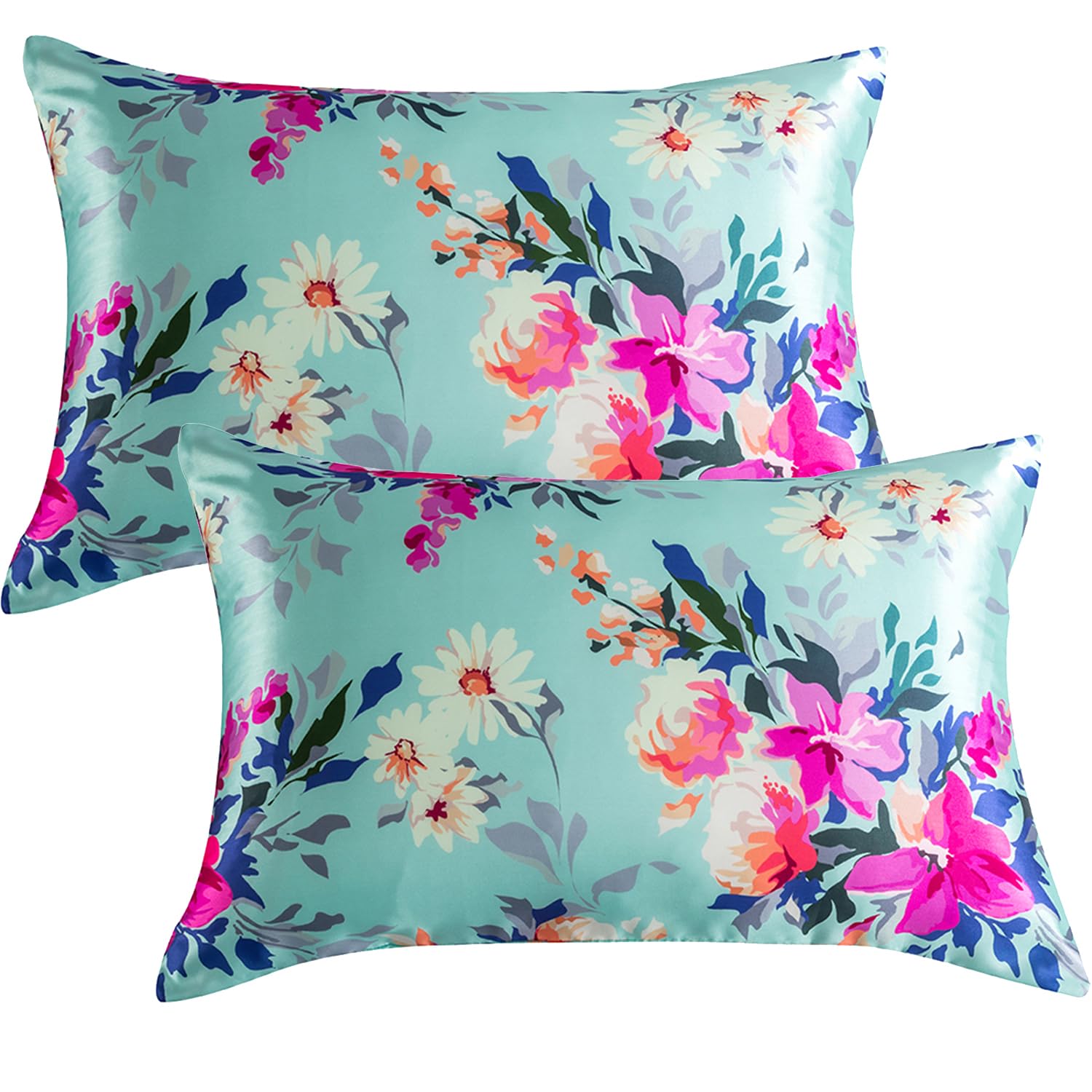 DuShow Satin Pillow Cases 2 Pack - Floral Silky Pillowcase for Hair and Skin Standard Size with Zipper Closure,Green,50x75 cm