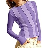 Tankaneo Womens Fitted Long Sleeve Shirts Ribbed Knit Going Out Tops Y2k Trendy Casual Crew Neck Tees Shirts