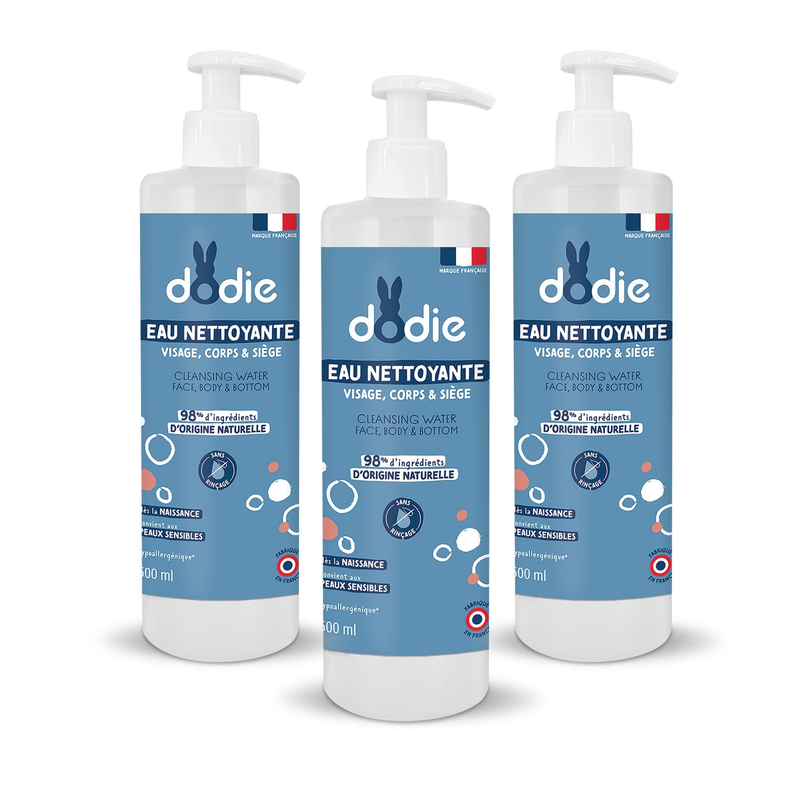 Dodie Set of 3 x Cleansing Water 3 in 1 (3 x 500 ml), Face, Body and Pore Cleanser, 98% Ingredients of Natural Origin, Hypoallergenic, from Birth