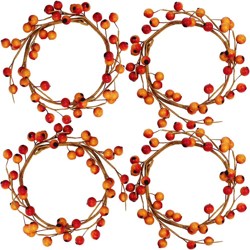 Wreaths, Garlands & Swags - 4 Pack Fall Candle Rings with Artificial Orange Berries Mini Berry Twig Wreath Candle Wreath Berry Rings 6