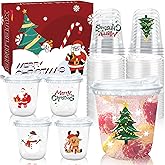 Xuelimei 12oz Christmas Disposable Plastic Cups with Strawless Sip Lids-Xmas Tree Santa Reindeer Snow Cold Drinks, Coffee, Beer, Drinks, Ice Cream, Drinking Cups for Party Supplies. (50)
