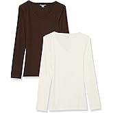 Amazon Essentials Womens Slim-Fit Layering Long Sleeve Knit Rib V-Neck Shirts (Available in Plus Size)