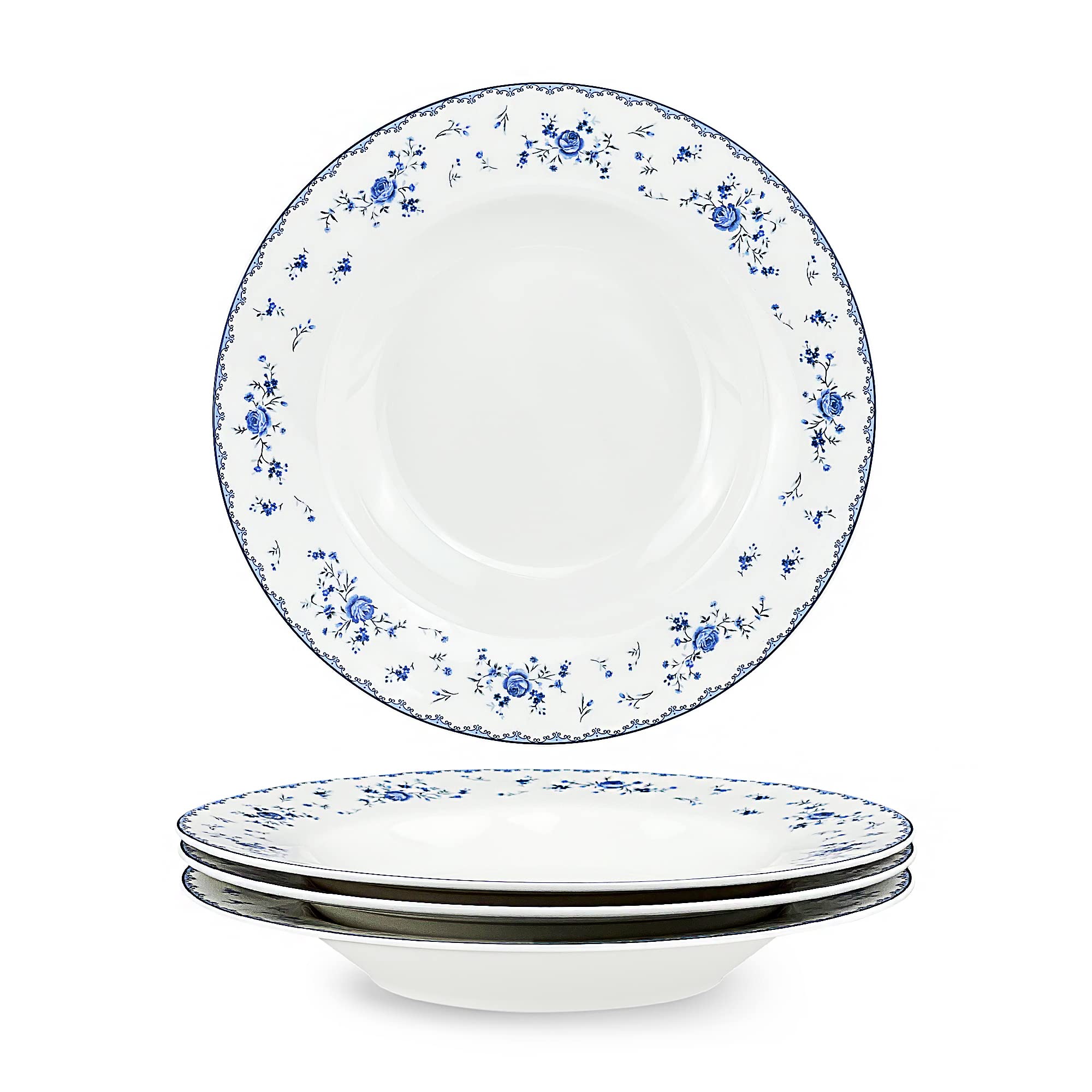 fanquare 21.8cm Wide and Shallow Soup Bowls Set of 4, Porcelain Blue and White Soup Plates Set, Pasta Bowls for Housewarming Gifts