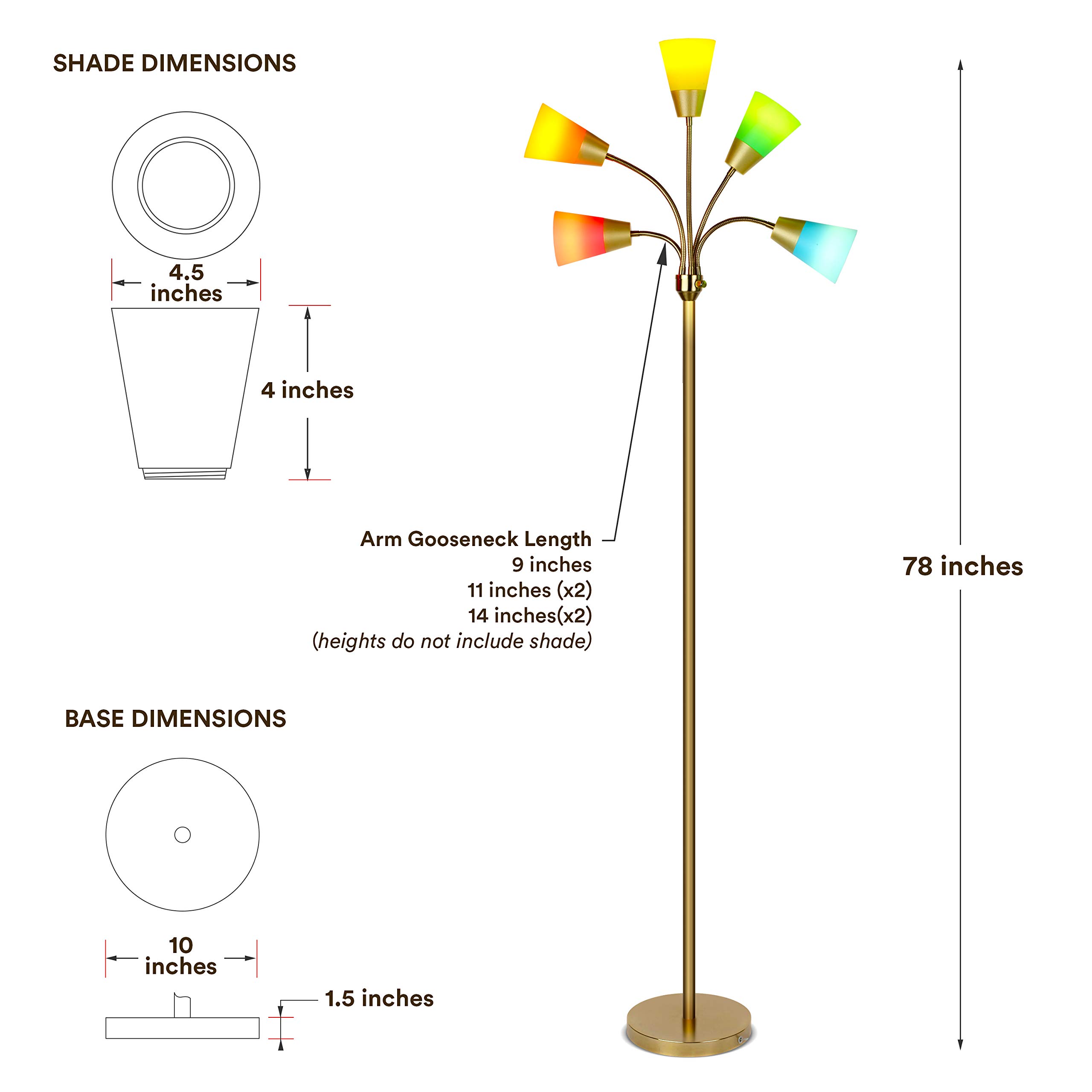 Brightech Medusa Modern LED Floor Lamp – Multi Head Floor Lamp for Living Rooms & Offices – Tall Lamp with Interchangeable Shade, Standing Lamp with 5 LED Bulbs for Hobbies - Brass