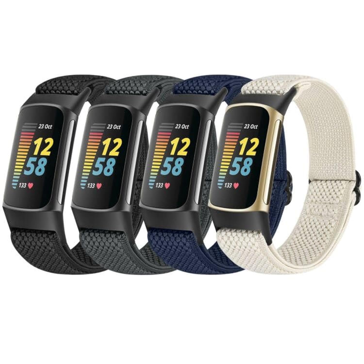 Tiptops 4 Pack Elastic Bands Compatible with Fitbit Charge 5 Men Women, Soft Adjustable Stretchy Strap Comfortable Sports Replacement Wristband for 5, Black+Leopard+ArmyGreen+Off-white