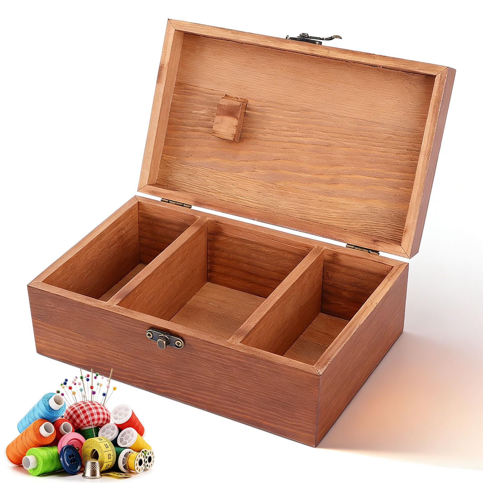 Large Wooden Boxes with Hinged Lids Sewing Kit Accessories for Craft, Art, Hobbies, Jewelry Box and Home Storage