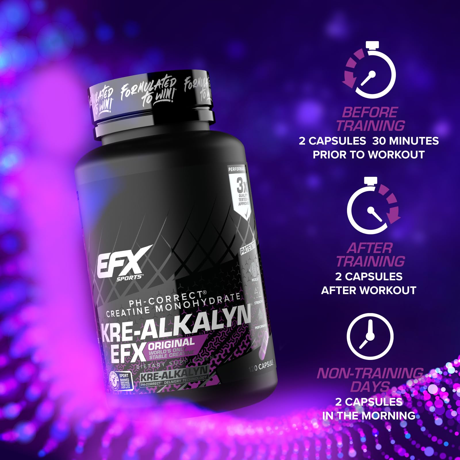 EFX Sports Kre-Alkalyn EFX | pH Correct Creatine Monohydrate Pill Supplement | Strength, Muscle Growth & Performance | 60 Servings, 120 Capsules