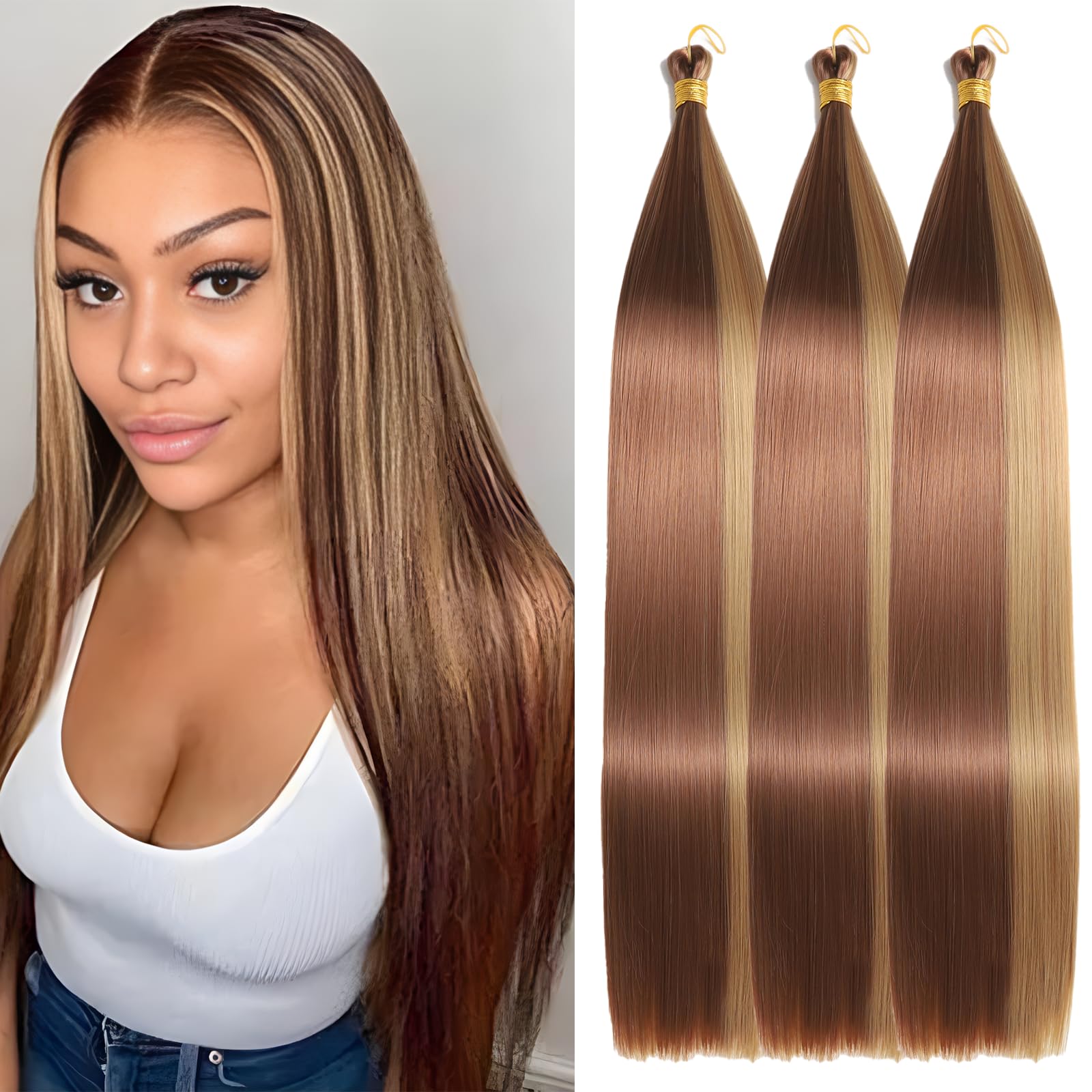 Locescsoc 24 Inch Bone Straight Braiding Hair 150g 3 Packs Straight Hair Extensions, Ariel Straight Hair Bundles, Silky Soft Synthetic Hair for Women （27/30#）