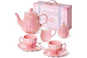 Giant bean Porcelain Tea Set, Pearl Pink Real Tea Party Set for Little Girls, British Royal Princess Series Teapot & Cup & Saucer & Sugar Bowl & Suitcase, for Little Kids Toddlers