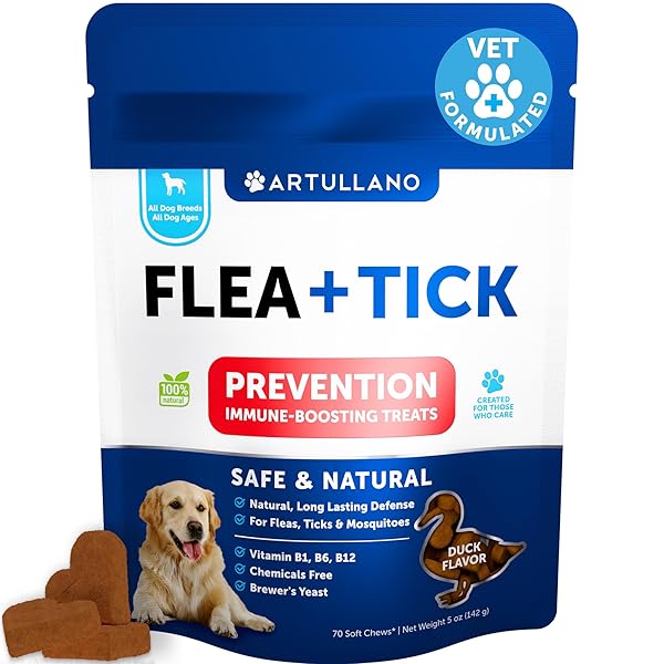 FLEA AND TICK PREVENTION FOR DOGS CHEWABLES – NATURAL FLEA TREATMENT CONTROL – SUPPLEMENT FOR LARGE & SMALL DOGS WITH VITAMINS – IMMUNE SUPPORT CHEWS – PUPPY PEST DEFENSE ORAL PILLS – 70 SOFT TREATS