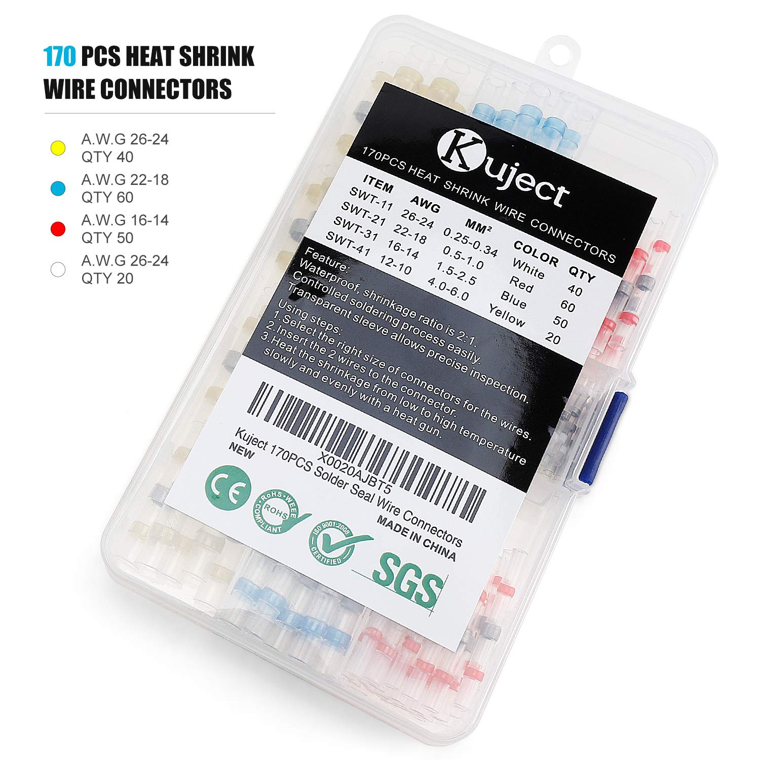 Kuject 170PCS Solder Seal Wire Connectors Kit, Heat Shrink Butt Connectors, Waterproof and Insulated Electrical Wire Terminals, Butt Splice for Marine Automotive Truck
