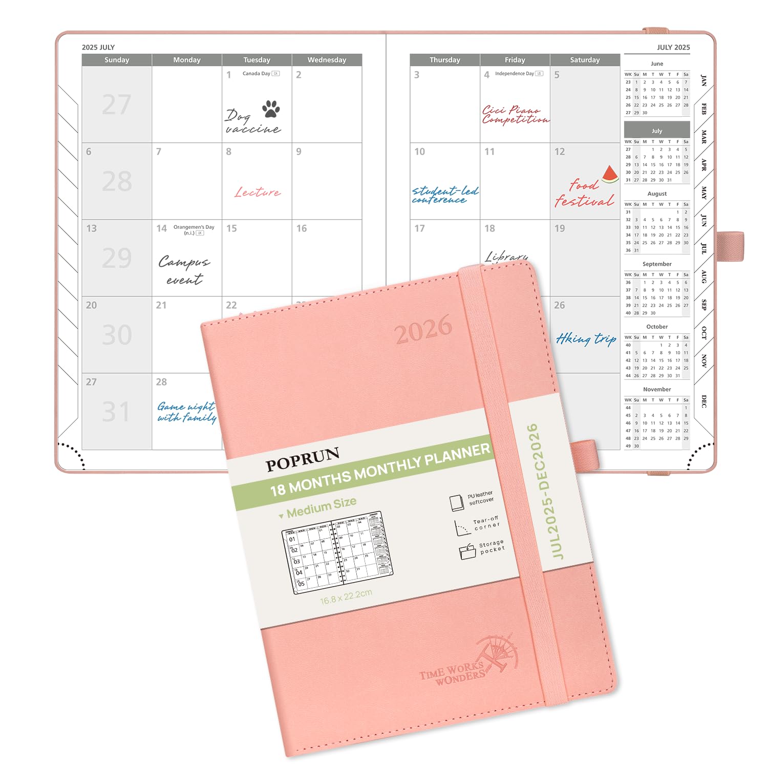Photo 1 of POPRUN Monthly Planner 2025-2026 (Medium- 6.5'' x 8.5'' Soft Cover), 18-Month Calendar Book (Jul.2025-Dec.2026), Calendar Planner with Monthly Tabs & Pocket, 100 GSM Paper - PinkX004FNHF39
