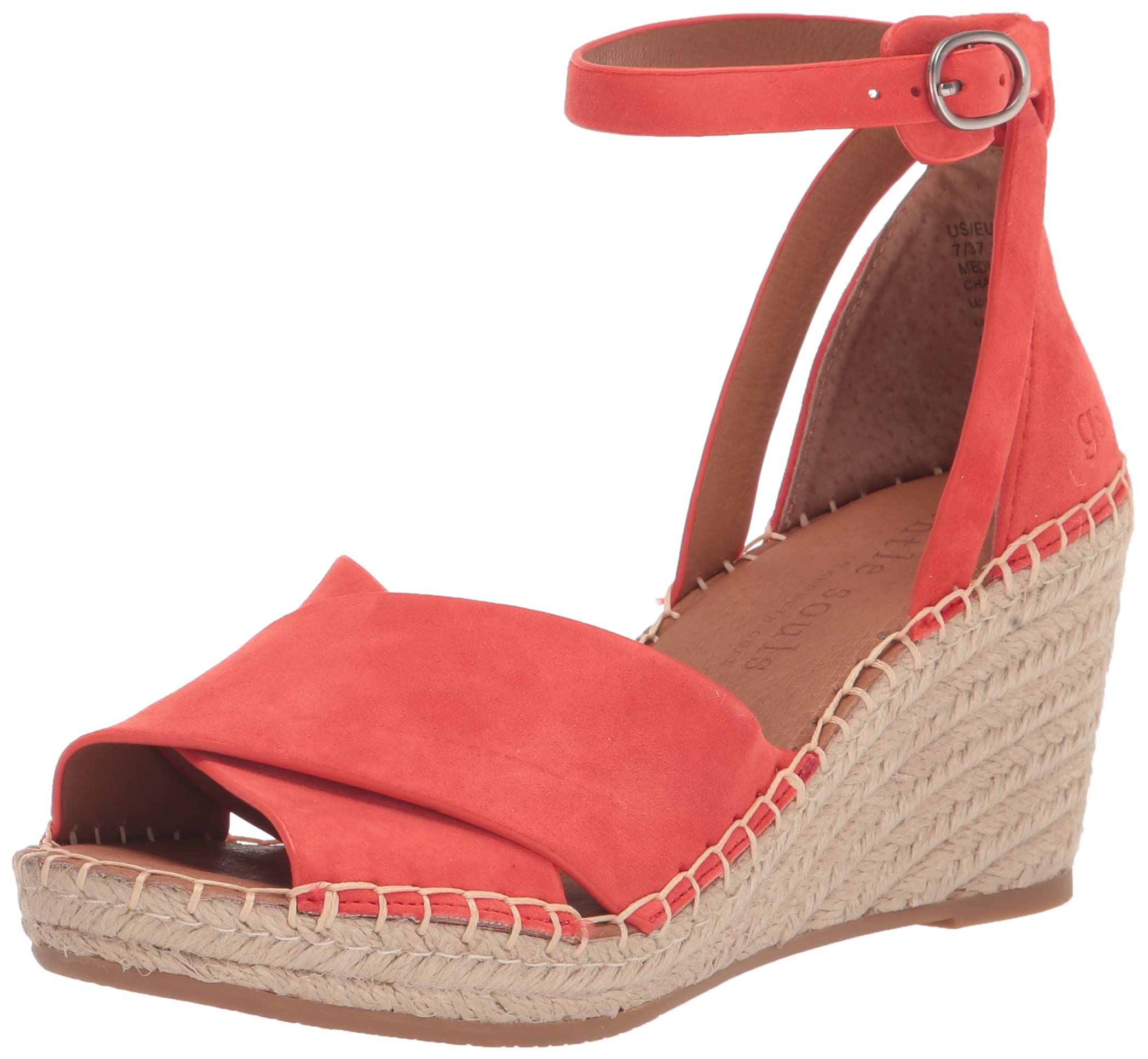 Gentle Souls by Kenneth Cole Women’s Women’s Charli X Band Buckle Heeled Sandal Espadrille Wedge, Bright Coral Suede, 9.5