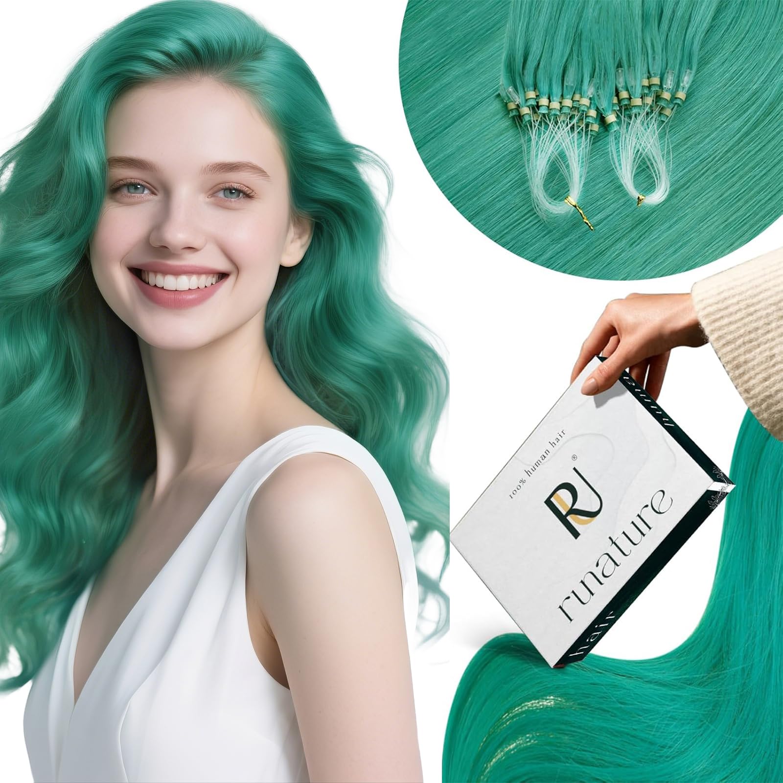 RUNATURE Micro Ring Hair Extensions Real Human Hair Teal Hair Extensions 18 Inch 25 Gram — image 1