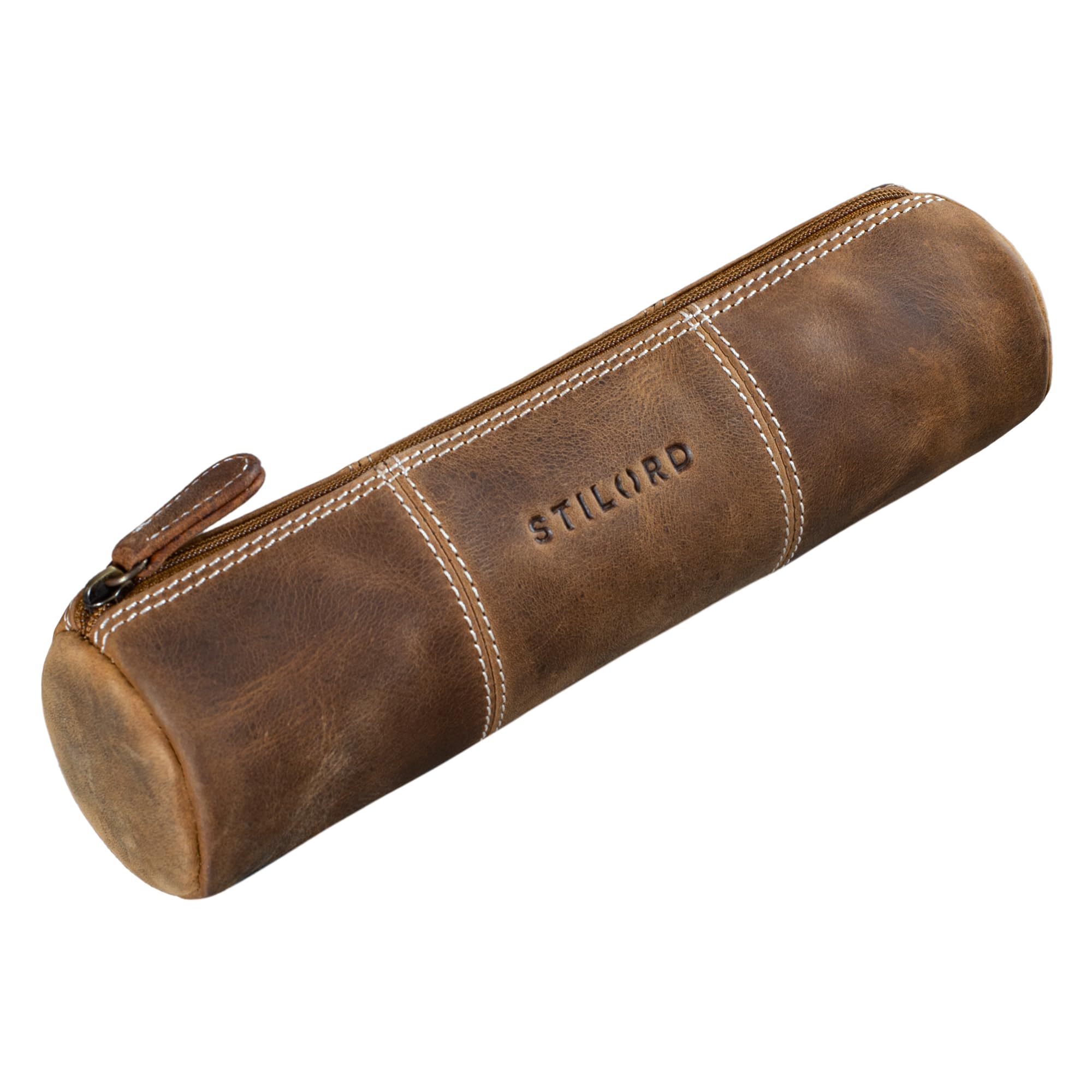 STILORD "Cato" Pencil Case Leather Vintage Pen Pouch Round Pen Case Leather Pencil Roll Organiser Pouch for Women Men Stationary Case Slim in Genuine Leather Colour:Middle Brown