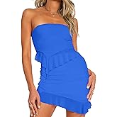 CSDAJIO Women's Asymmetrical Ruffle Hem Strapless Tube Top and Skirt Matching Set Summer 2 Pieces Outfits