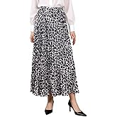 KINGNAM Leopard Print Skirt Silk Textured High Elastic Waist Skirt for Women Midi Long Length Pleated Skirts