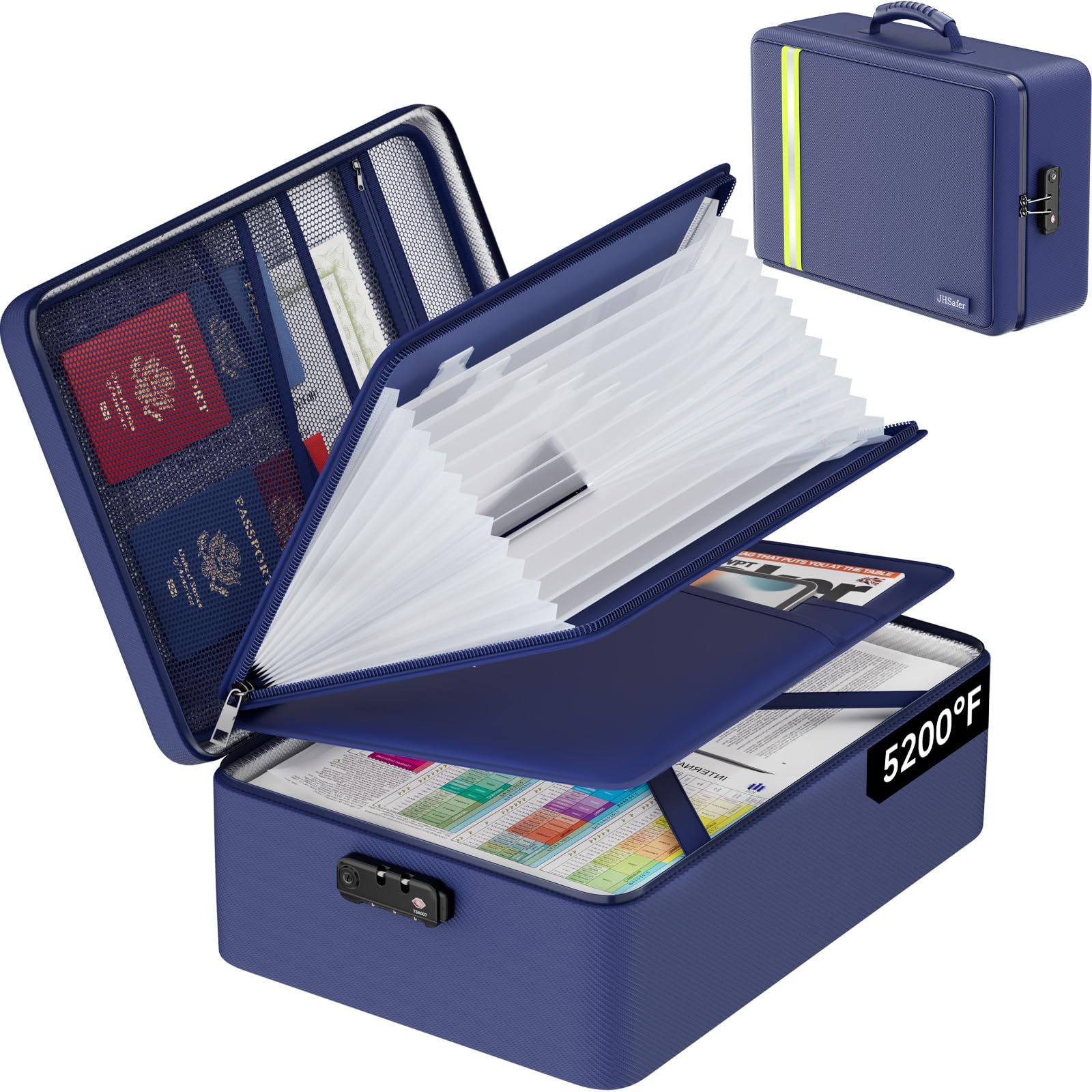 Photo 1 of 5200? Fireproof Document Bag, Insulated Document Box with Lock, Important Document Organizer with Waterproof Zipper, Portable Soft Home Travel Office Safe Storage with 13 Accordion File Folder,Blue