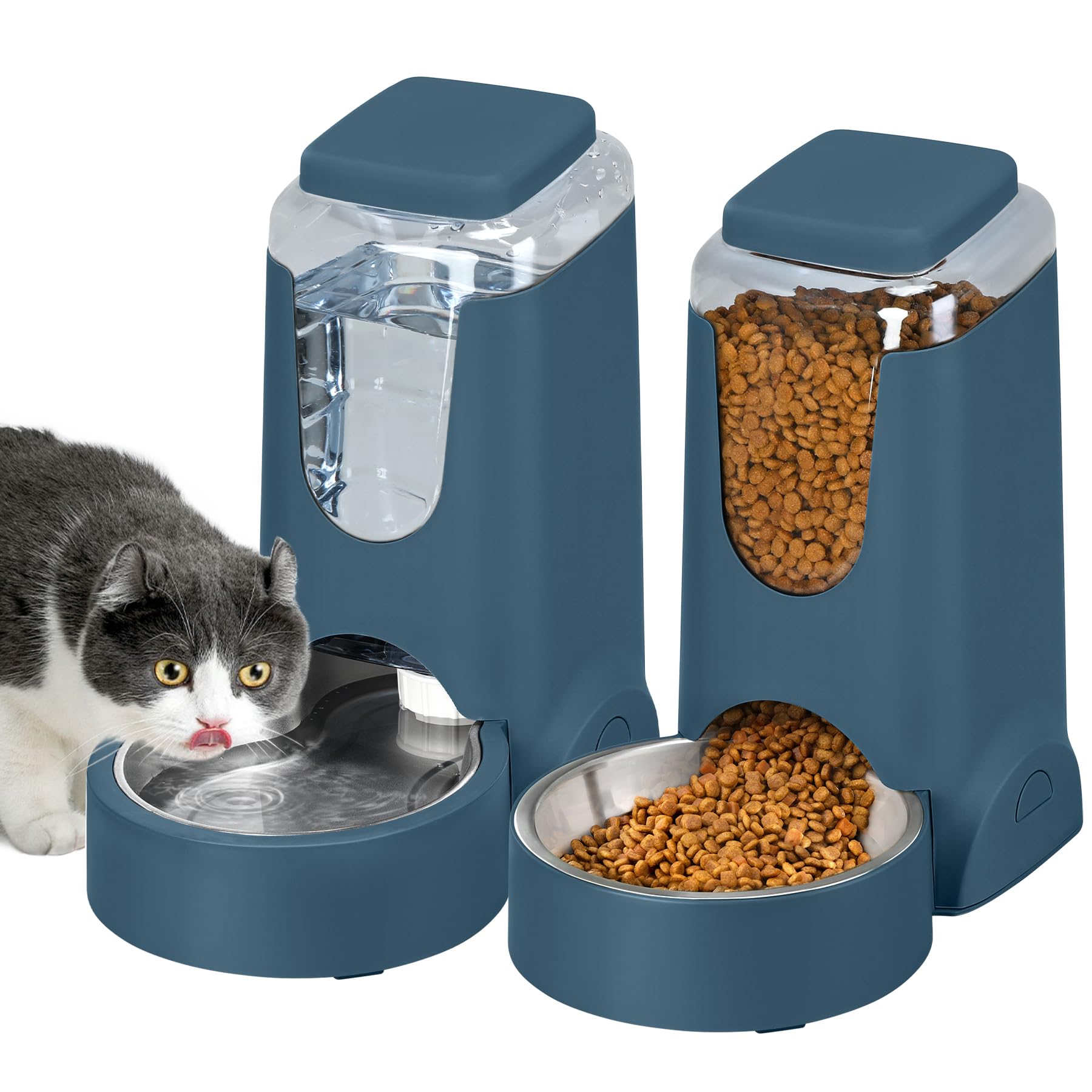 Photo 1 of 2 Pack Automatic Cat Feeder and Dog Food Feeder, Gravity Stainless Steel Water Dispenser and Waterer Set for Small Medium Puppy Kitten Pets (1 Gallon x 2, Navy Blue)