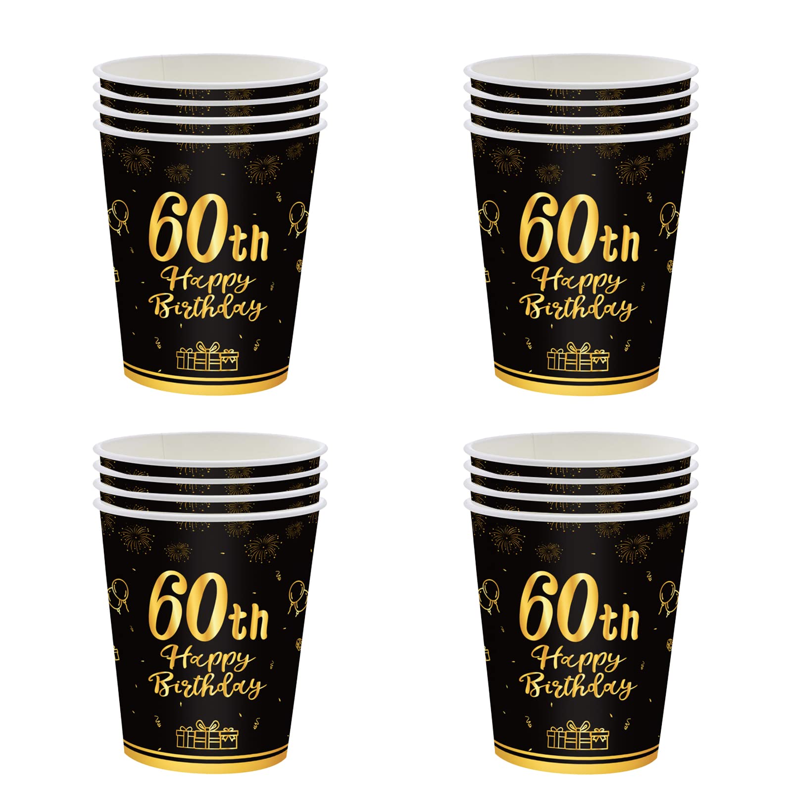YAAVAAW Happy 60th Birthday Paper Cups Black and Gold,16Pcs Disposable 60th Tableware Party Cups,60th Birthday Party decor Paper Cup for Men,Women,Him,Her 60th Birthday Party Supplies Table Decor
