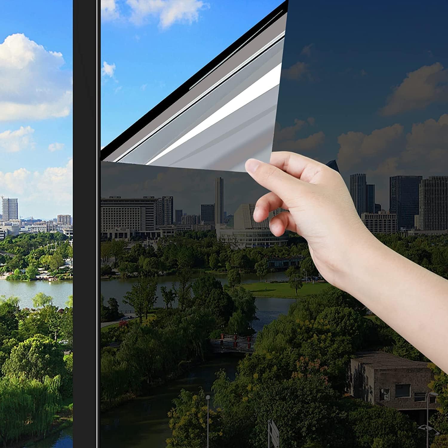 ConCus-T One Way Window Film Heat Control Sun Blocker Anti Glare Blackout Window Tint Film Mirror Effect Film UV Solar Film Static Cling Covering, Black Silver, 90 x 400cm — image 1