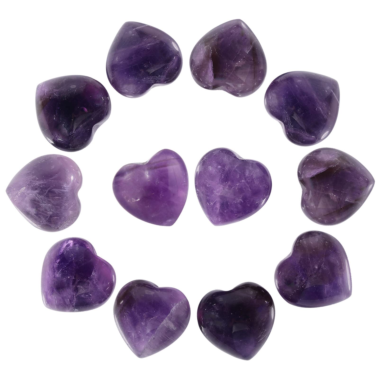 Nupuyai 12pcs Amethyst Crystal Heart Love Palm Worry Stone for Chakra Healing, Carved Stone for Home Decoration 1.5cm