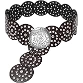 JASGOOD Western Belts for Women Wide Hollow Disc Leather Belt Cowgirl Waist Belt for Jeans Dresses with Metal Buckle