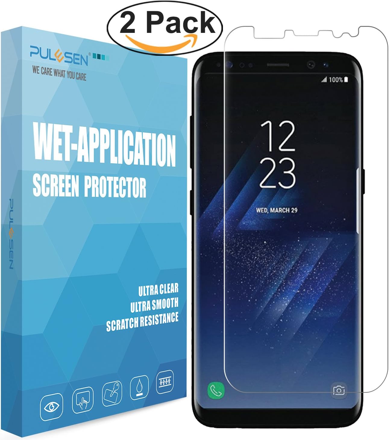 Galaxy S8 Screen Protector, PULESEN® [2-Pack] [Updated Version] [Case Friendly] [Full Coverage] [No-Lifting] [Bubble-Free] Wet Applied Screen Protector Film for Samsung Galaxy S8 - Lifetime Warranty