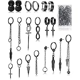 FIFATA Cross Dangle Earrings for Men 20 Pieces, Stainless Steel Stud Hinged Hoop Earrings, Long Chain Kpop Earrings for Women, Black and Silver