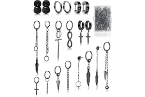 FIFATA Cross Dangle Earrings for Men 20 Pieces, Stainless Steel Stud Hinged Hoop Earrings, Long Chain Kpop Earrings for Women, Black and Silver