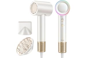 ZIBTES High-Speed Hair Dryer, 160,000 RPM Brushless Motor for Ultra-Fast Drying,500M Ionic Negative for Frizz Reduce, Low Noise Thermo-Control Blow Dryer with Diffuser for Curly Hair Women and Men,White