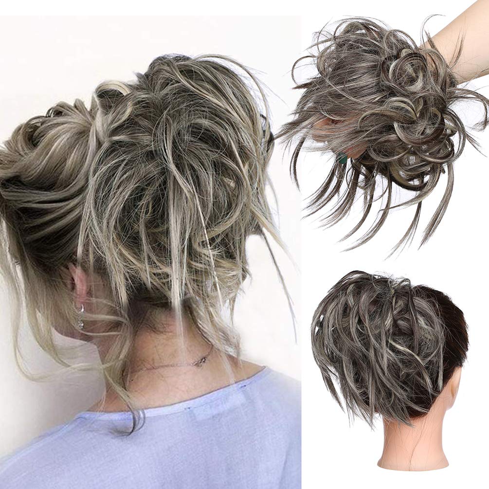 Tousled Updo Messy Bun Hair Extension Instant Ponytail With Elastic Rubber Band Updo Chignon Donut Scrunchies Extensions Hairpiece Synthetic Wavy Hair for Women Grey Blonde Highlight