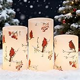Lasumora Cardinal Theme Christmas Flameless Candles with 6H Timer, Real Wax LED Pillar Candles Flickering, Battery Operated Waxy Candles for Home Fireplace Décor Christmas Gifts, 3x4/5/6 inches