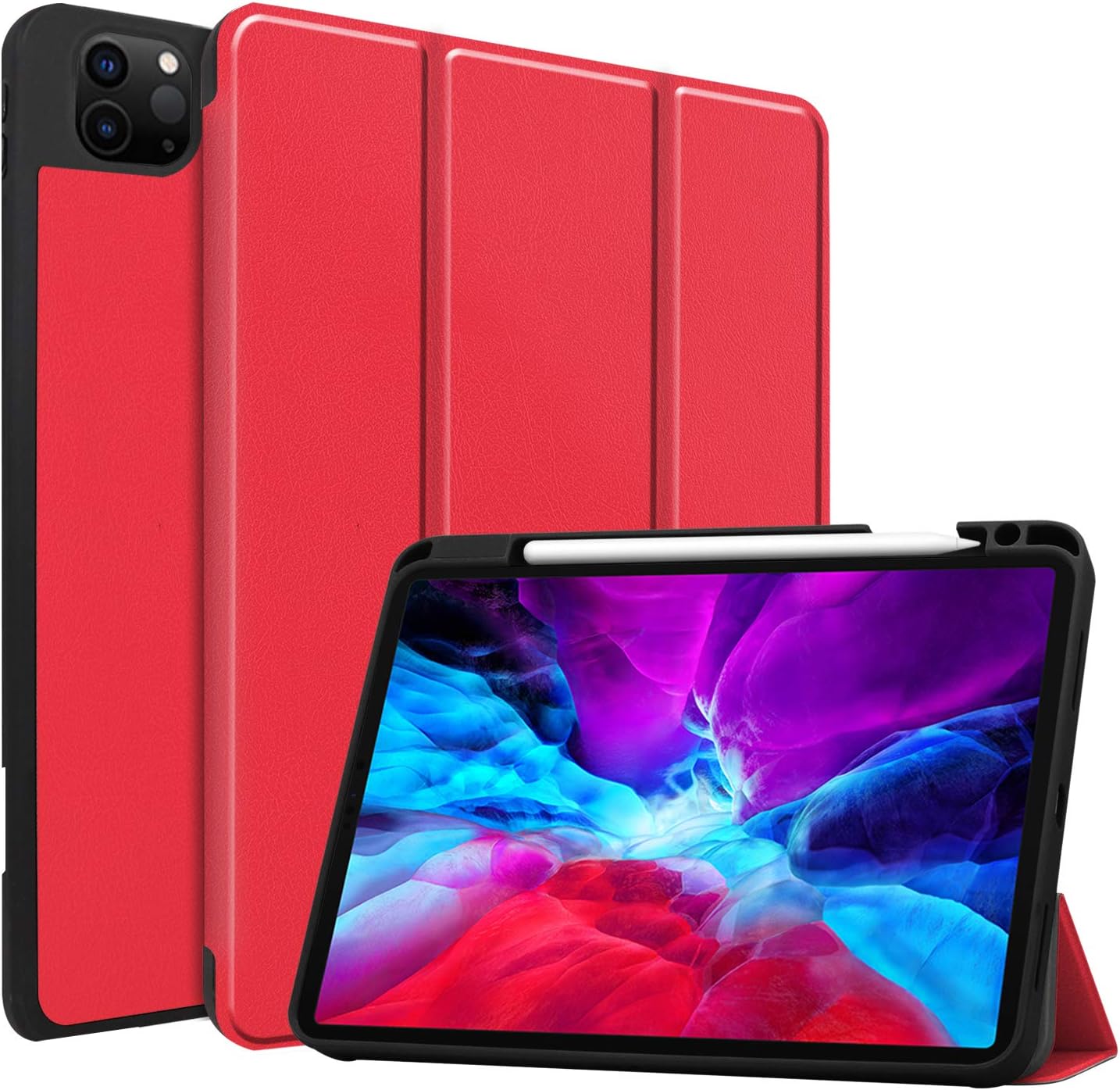 Ratesell New iPad Pro 12.9 inch 2020 Case 4th Gen, Smart Trifold Soft Back Case Cover with Auto Sleep/Wake for iPad Pro 12.9 2020/2018 / A2069, A2232 with Built-in Apple Pencil Holder Red