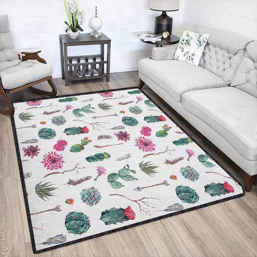 Cactus Large Rug Mat,Vintage Botanical Pattern Arrows Feathers Succulent Twigs Hawaii Spring Tropics Suitable for Children to Play Multicolor 79"x95"