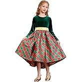 Girls Christmas Dress Velvet Long Sleeve Holiday Dress Winter Party Classic Plaid Midi Princess Dress