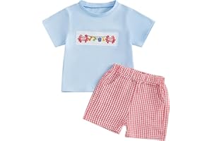 BAGILAANOE 2PCS Summer Outfit Toddler Baby Boy Sailboat Short Sleeve T-Shirt Plaid Shorts Set Infant Boy Clothes