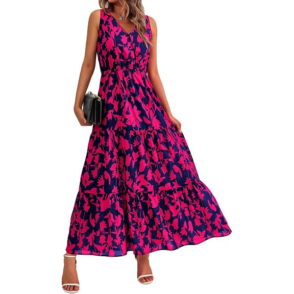 Maxi Tank Dress Casual Cute Floral Print V Neck Empire Waist Tiered Dress  V-Neck Sleeveless Sundresses for Women Womens Flowy Wrap Going Out Dress  Lounge Trendy Elegant Beach Dress Summer Dress at
