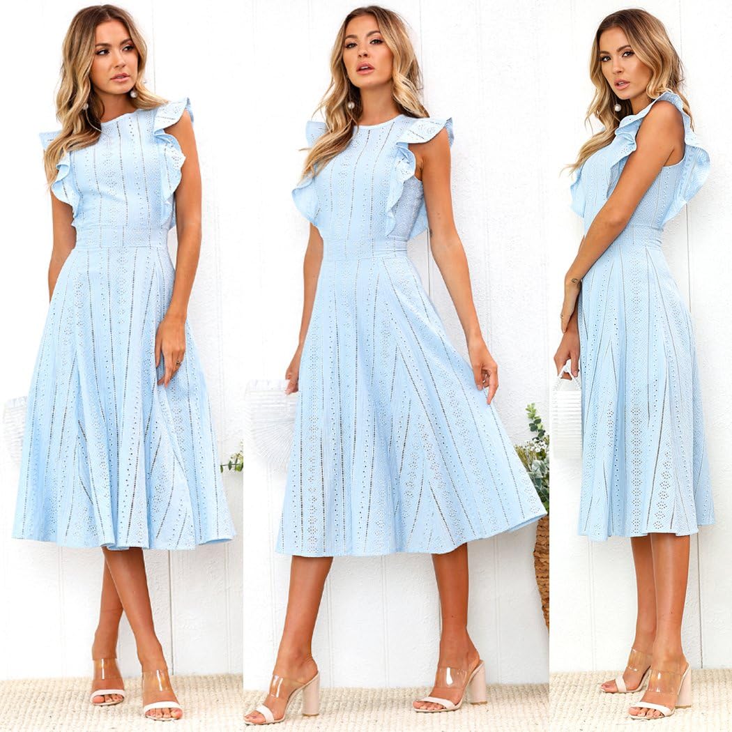 ECOWISH Womens Dresses Elegant Ruffles Cap Sleeves Summer A-Line Midi Dress at  Women’s Clothing store