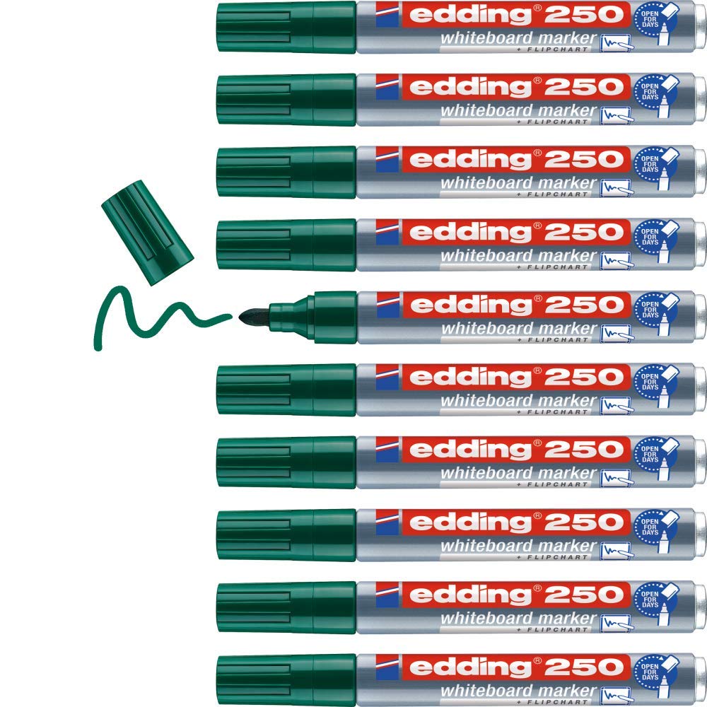 edding 250 whiteboard marker - green - 10 whiteboard pens - round tip 1.5-3 mm - whiteboard pen dry wipe - for whiteboards, flipcharts, pinboards, magnetic and memo boards - sketchnotes - refillable