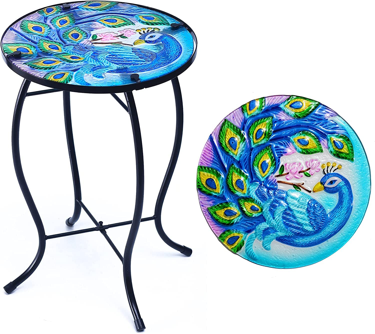 Photo 1 of YNGFIL Peacock Patio Side Table, Small Patio Outdoor Side Table, Plant Table,Metal Glass End Table for Porch Garden Yard Pool.