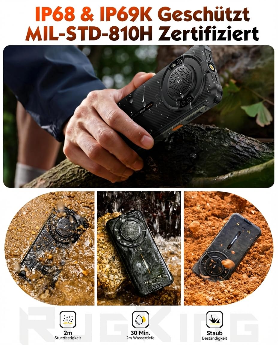 Ulefone RugKing Outdoor Smartphone Android 15, 16GB+256GB/2TB, 9600 mAh IP68&IP69K Baustellen Handy, 50MP Kamera, 128dB Lautsprecher, 5,99" Display, AI Outdoor Handy, 4G Dual SIM/OTG/NFC/GPS 2