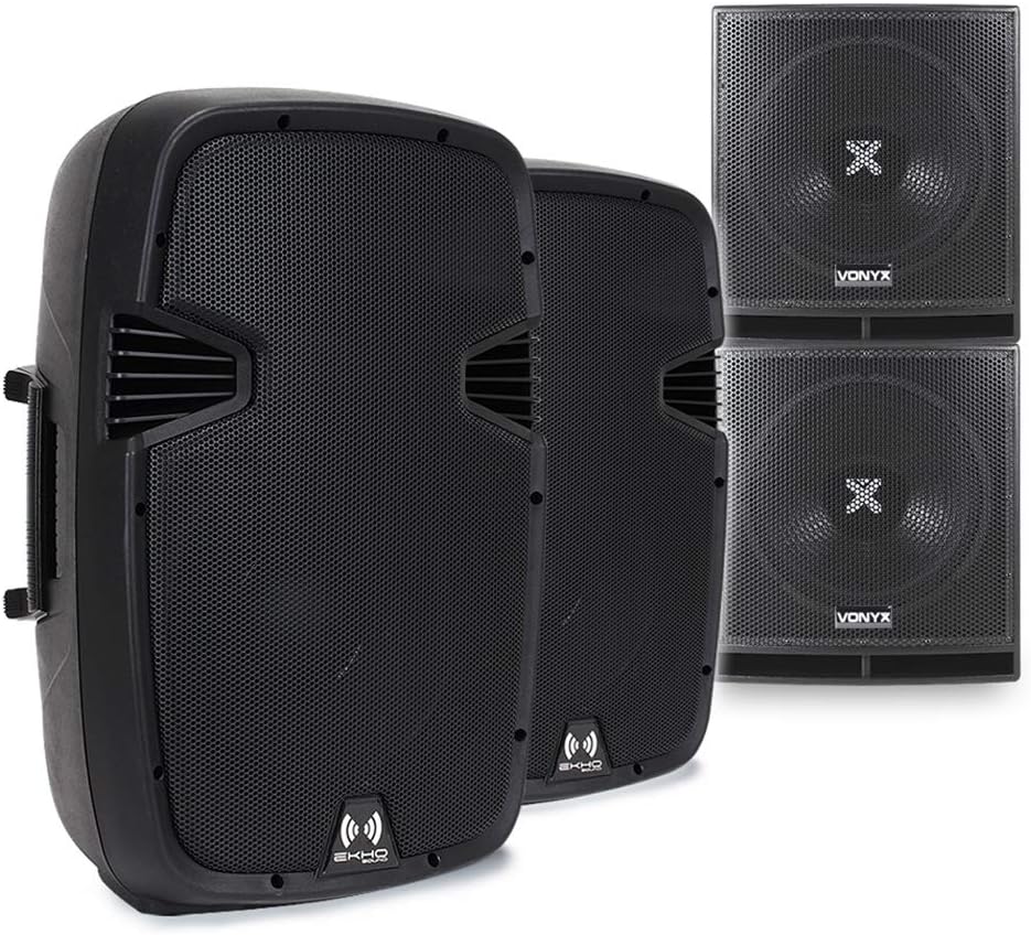 VONYX Pair Active Powered RS-12 Inch DJ PA Speakers and 15 Inch Bass Bin Subwoofers 2800w Peak